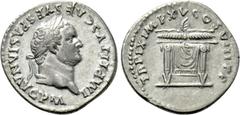 Roman Imperial Coins TITUS (79-81). Denarius. Rome. Obv: IMP TITVS CAES VESPASIAN AVG P M. Laureate head right. Rev: TR P IX IMP XV COS VIII P P. Pulvinar (throne) of Jupiter and Juno: square seat, dr