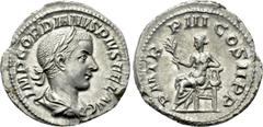Roman Imperial Coins GORDIAN III (238-244). Denarius. Rome. Obv: IMP GORDIANVS PIVS FEL AVG. Laureate, draped and cuirassed bust right. Rev: P M TR P III COS II P P. Apollo seated left on throne, hold
