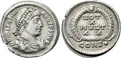 Roman Imperial Coins VALENTINIAN II (375-392). Siliqua. Constantinople. Obv: D N VALENTINIANVS P F AVG. Diademed, draped and cuirassed bust right. Rev: VOT / X / MVLT / XX. Legend in four lines within