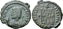 Roman Imperial Coins THEODOSIUS I (379-395). Ae. Thessalonica. Obv: D N THEODOSIVS P F AVG. Diademed and mantled bust left, holding mappa and sceptre. Rev: GLORIA REI PVBLICAE / TES. Camp gate, with t