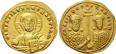 Byzantine Coins BASIL II BULGAROKTONOS with CONSTANTINE VIII (976-1025). GOLD Histamenon Nomisma. Constantinople. Obv: + IҺS XIS RЄX RЄGNANTIҺM. Facing bust of Christ Pantokrator; one pellet at edge o