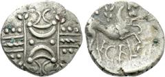Celtic Coins BRITAIN. Iceni. Ecen (Circa 25-38). Unit. Stepping Horse type. Obv: Two opposed crescents with pellets between, superimposed on band of three lines surrounded by two lines of pellets. Rev