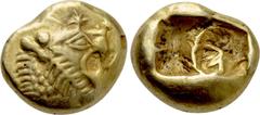 Greek Coins KINGS OF LYDIA. Time of Alyattes to Kroisos (Circa 610-546 BC). EL Trite. Sardes. Obv: Head of roaring lion right; star on forehead. Rev: Double incuse square punch. Weidauer 89; SNG Kayha