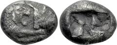Greek Coins KINGS OF LYDIA. Kroisos (Circa 560-546 BC). 1/3 Siglos. Sardeis. Obv: Confronted foreparts of lion and bull. Rev: Two incuse square punches. Berk 24; Traité I 412; SNG Kayhan I -; Boston M