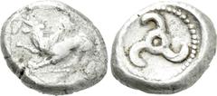 Greek Coins DYNASTS OF LYCIA. Uncertain (Circa 5th century BC). Trihemidrachm(?). Obv: Chimaera crouching left. Rev: Triskeles within pelleted circle; all within incuse circle. Müseler -. Very rare Co