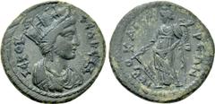Roman Provincial Coins LYDIA. Hierocaesarea. Pseudo-autonomous. Time of the Severans (193-235). Ae. Obv: IЄPOKAICAPЄIA. Turreted and draped bust of Tyche right. Rev: IЄPOKAICAPЄΩN. Tyche standing left