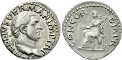 Roman Imperial Coins VITELLIUS (69). Denarius. Rome. Obv: A VITELLIVS GERMAN IMP TR P. Laureate head right. Rev: CONCORDIA P R. Concordia seated left on throne, holding patera and cornucopia. RIC² 73.