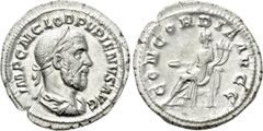 Roman Imperial Coins PUPIENUS (238). Denarius. Rome. Obv: IMP C M CLOD PVPIENVS AVG. Laureate, draped and cuirassed bust right. Rev: CONCORDIA AVGG. Concordia seated left on throne, holding patera and