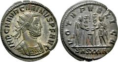 Roman Imperial Coins CARINUS (283-285). Antoninianus. Siscia. Obv: IMP C M AVR CARINVS P F AVG. Radiate and cuirassed bust right. Rev: VOTA PVBLICA / SMSXXIA. Carus and Carinus, each holding signum an
