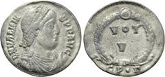 Roman Imperial Coins VALENS (364-378). Siliqua. Constantinople. Obv: D N VALENS P F AVG. Diademed, draped and cuirassed bust right. Rev: VOT / V. Legend in two lines within wreath; CP•Γ. RIC 13d. Cond