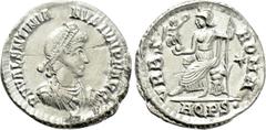 Roman Imperial Coins VALENTINIAN II (375-392). Siliqua. Aquileia. Obv: D N VALENTINIANVS IVN P F AVG. Diademed, draped and cuirassed bust right. Rev: VRBS ROMA / AQPS•. Roma seated left on cuirass, ho