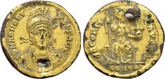 Roman Imperial Coins HONORIUS (393-423). Fourrée Solidus. Imitating Constantinople. Obv: D N HONORIVS P F AVG. Diademed, helmeted and cuirassed bust facing slightly right, holding spear and shield dec