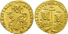 Byzantine Coins BASIL I THE MACEDONIAN with CONSTANTINE (867-886). GOLD Solidus. Constantinople. Obv: + IҺS XPS RЄX RЄGNANTIЧM ✷. Christ Pantokrator seated facing on throne. Rev: ЬASILIOS ЄT COҺSTAҺT 