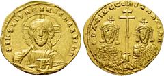 Byzantine Coins BASIL II BULGAROKTONOS with CONSTANTINE VIII (976-1025). GOLD Histamenon Nomisma. Constantinople. Obv: + IҺS XIS RЄX RЄGNANTIҺM. Facing bust of Christ Pantokrator; two pellets in each 