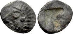 Greek Coins IONIA. Kolophon. 1/48 Stater or Tetartemorion (Late 6th century BC). Obv: Archaic head of Apollo right. Rev: Quadripartite incuse square. SNG Kayhan I 343-51; SNG von Aulock 1810; Klein 35