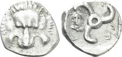 Greek Coins DYNASTS OF LYCIA. Perikles (Circa 380-360 BC). Tetrobol. Uncertain mint, possibly Phellos. Obv: Facing scalp of lion. Rev: Triskeles; in field to left, laureate and draped bust of Apollo f