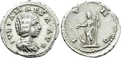 Roman Imperial Coins JULIA MAESA (Augusta, 218-224/5). Denarius. Antioch. Obv: IVLIA MAESA AVG. Draped bust right. Rev: IVNO. Juno standing left, holding patera and sceptre; to left, peacock standing 