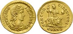 Roman Imperial Coins THEODOSIUS I (379-395). GOLD Solidus. Constantinople. Obv: D N THEODOSIVS P F AVG. Diademed, draped and cuirassed bust right. Rev: CONCORDIA AVGGG I / CONOB. Concordia, with foot 