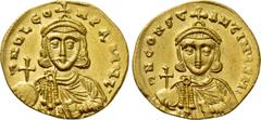 Byzantine Coins LEO III THE "ISAURIAN" with CONSTANTINE V (717-741). GOLD Solidus. Constantinople. Obv: δ N D LЄON P A MЧL. Crowned and draped facing bust of Leo, holding globus cruciger and akakia. R