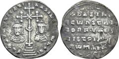 Byzantine Coins BASIL II BULGAROKTONOS with CONSTANTINE VIII (976-1025). Miliaresion. Constantinople. Obv: ЄҺ TOVTω ҺICAT ЬASILЄI C CωҺST. Cross crosslet with central X and pellet-in-crescent set upon