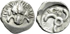 Greek Coins DYNASTS OF LYCIA. Trbbenimi (Circa 390-370 BC). Tetrobol. Uncertain mint. Obv: Facing scalp of lion. Rev: Triskeles within incuse circle. Müseler VIII.25-7; SNG von Aulock 4215. Condition: