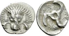 Greek Coins DYNASTS OF LYCIA. Perikles (Circa 380-360 BC). Tetrobol. Uncertain mint, possibly Limyra. Obv: Facing scalp of lion. Rev: Triskeles within incuse circle. Müseler VIII.47-51; SNG von Aulock