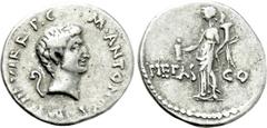 Roman Republican Coins MARK ANTONY. Denarius. (41 BC). Military mint traveling with Antony in Asia Minor. Obv: M ANTONIVS IMP III VIR R P C. Bare head right; lituus to left. Rev: PIETAS - COS. Pietas 