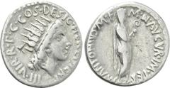Roman Republican Coins MARK ANTONY. Denarius (38 BC). Athens. Obv: M ANTONIVS M F M N AVGVR IMP TERT. Mark Antony advancing right, holding lituus. Rev: IIIVIR R P C COS DESIG ITER ET TERT. Radiate hea