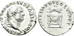 Roman Imperial Coins TITUS (79-81). Denarius. Rome. Obv: IMP TITVS CAES VESPASIAN AVG P M. Laureate head right. Rev: TR P IX IMP XV COS VIII P P. Draped pulvinar, decorated with three palmettes. RIC² 