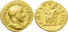 Roman Imperial Coins GORDIAN III (238-244). GOLD Aureus. Rome. Obv: IMP GORDIANVS PIVS FEL AVG. Laureate, draped and cuirassed bust right. Rev: P M TR P V COS II P P. Apollo seated left on throne, hol