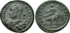 Roman Imperial Coins LICINIUS I (308-324). Follis. Treveri. Obv: IMP LICINIVS AVG. Laureate, draped and cuirassed bust left, holding mappa and sceptre. Rev: IOVI CONSERVATORI AVG / STR. Licinius I, ho