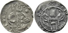 Medieval Coins GERMANY. Aachen. Friedrich I Barbarossa(Circa 1122-1190). Pfennig. Obv: FRЄDЄRI IMP. Friedrich seated facing on throne, holding sword and globus; star to right. Rev: + ROMA CAPVT MVNDI.