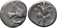 Greek Coins ELIS. Olympia. Drachm (134th-143rd Olympiad). Obv: Eagle flying right, tearing at hare held in talons. Rev: F - A. Thunderbolt with double volutes above and wings below. BCD Olympia 242-50