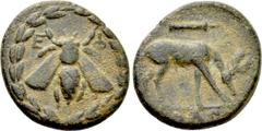 Greek Coins IONIA. Ephesos. Ae (Circa 280-258 BC). Solon, magistrate. Obv: Ε - Φ. Bee within wreath. Rev: ΣΟΛΩΝ. Stag grazing right; quiver above. SNG Copenhagen 269; SNG von Aulock 1842. Ex Dr. P. Vo