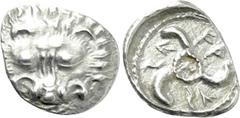 Greek Coins DYNASTS OF LYCIA. Wekhssere II (Circa 400-380 BC). Tetrobol. Tlos. Obv: Facing scalp of lion. Rev: Triskeles; two Lycian letters at center; all within pelleted circle within incuse circle.