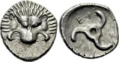 Greek Coins DYNASTS OF LYCIA. Perikles (Circa 380-360 BC). Tetrobol. Uncertain mint, possibly Limyra. Obv: Facing scalp of lion. Rev: Triskeles within incuse circle. Müseler VIII.47-51; SNG von Aulock