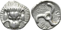 Greek Coins DYNASTS OF LYCIA. Perikles (Circa 380-360 BC). Tetrobol. Uncertain mint, possibly Limyra. Obv: Facing scalp of lion. Rev: Triskeles within incuse circle. Müseler VIII.47-51; SNG von Aulock