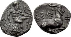Greek Coins CYPRUS. Salamis. Evagoras I (Circa 411-374 BC). 1/3 Stater. Obv: Herakles seated right on rocks, holding club and cornucopia; Cypriot legend around. Rev: Goat kneeling right; Cypriot legen