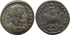 Roman Imperial Coins LICINIUS I (308-324). Follis. Treveri. Obv: IMP LICINIVS AVG. Laureate and cuirassed bust right. Rev: IOVI CONSERVATORI AVG / STR. Licinius, holding thunderbolt and sceptre, seate