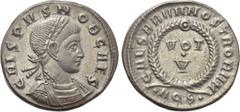 Roman Imperial Coins CRISPUS (Caesar, 316-326). Follis. Aquileia. Obv: CRISPVS NOB CAES. Laureate, draped and cuirassed bust right. Rev: CAESARVM NOSTRORVM / •AQS•. VOT / V in two lines within wreath.