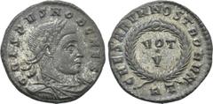 Roman Imperial Coins CRISPUS (Caesar, 316-326). Follis. Rome. Obv: CRISPVS NOB CAES. Laureate, draped and cuirassed bust right. Rev: CAESARVM NOSTRORVM / RT. VOT / V in two lines within wreath. RIC 23