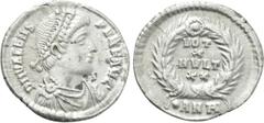 Roman Imperial Coins VALENS (364-378). Siliqua. Antioch. Obv: D N VALENS PER F AVG. Diademed, draped and cuirassed bust right. Rev: VOT / X / MVLT / XX. Legend in four lines within wreath; •ANA. RIC 3