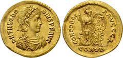 Roman Imperial Coins THEODOSIUS I (379-395). GOLD Solidus. Constantinople. Obv: D N THEODOSIVS P F AVG. Diademed, draped and cuirassed bust right. Rev: CONCORDIA AVGGG A / CONOB. Constantinopolis seat