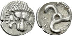 Greek Coins DYNASTS OF LYCIA. Perikles (Circa 380-360 BC). Tetrobol. Uncertain mint, possibly Limyra. Obv: Facing scalp of lion. Rev: Triskeles within incuse circle. Müseler VIII.47-51; SNG von Aulock