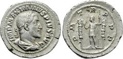 Roman Imperial Coins MAXIMINUS THRAX (235-238). Denarius. Rome. Obv: IMP MAXIMINVS PIVS AVG. Laureate, draped and cuirassed bust right. Rev: P M TR P P P. Maximinus standing left, raising hand and hol