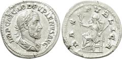 Roman Imperial Coins PUPIENUS (238). Denarius. Rome. Obv: IMP C M CLOD PVPIENVS AVG. Laureate, draped and cuirassed bust right. Rev: PAX PVBLICA. Pax seated left on throne, holding branch and sceptre.