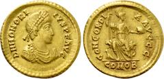 Roman Imperial Coins HONORIUS (393-423). GOLD Solidus. Thessalonica. Obv: D N HONORIVS P F AVG. Diademed, draped and cuirassed bust right. Rev: CONCORDIA AVGGG / COMOB. Constantinopolis seated facing 
