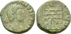 Roman Imperial Coins VALENTINIAN III (425-455). Nummus. Rome. Obv: D N VALENTINIANVS P F AVG. Diademed, draped and cuirassed bust right. Rev: VOT PVB / [...]. Camp gate, with two turrets and open door