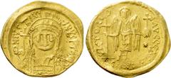 Byzantine Coins JUSTINIAN I (527-565). GOLD Solidus. Constantinople. Obv: D N IVSTINIANVS P P AVG. Helmeted and cuirassed bust facing, holding globus cruciger and shield decorated with horseman motif.