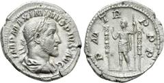 Roman Imperial Coins MAXIMINUS THRAX (235-238). Denarius. Rome. Obv: IMP MAXIMINVS PIVS AVG. Laureate, draped and cuirassed bust right. Rev: P M TR P P P. Maximinus standing left, raising hand and hol